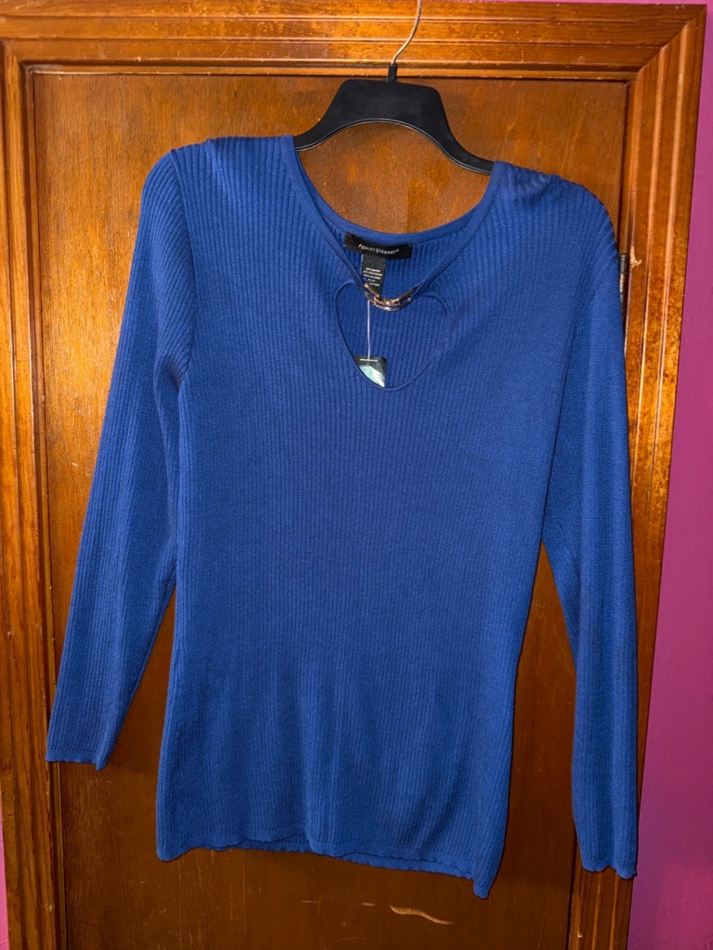 New Ashley Stewart Blue Ribbed Knit Long Sleeve Top with Keyhole Neckline 💙